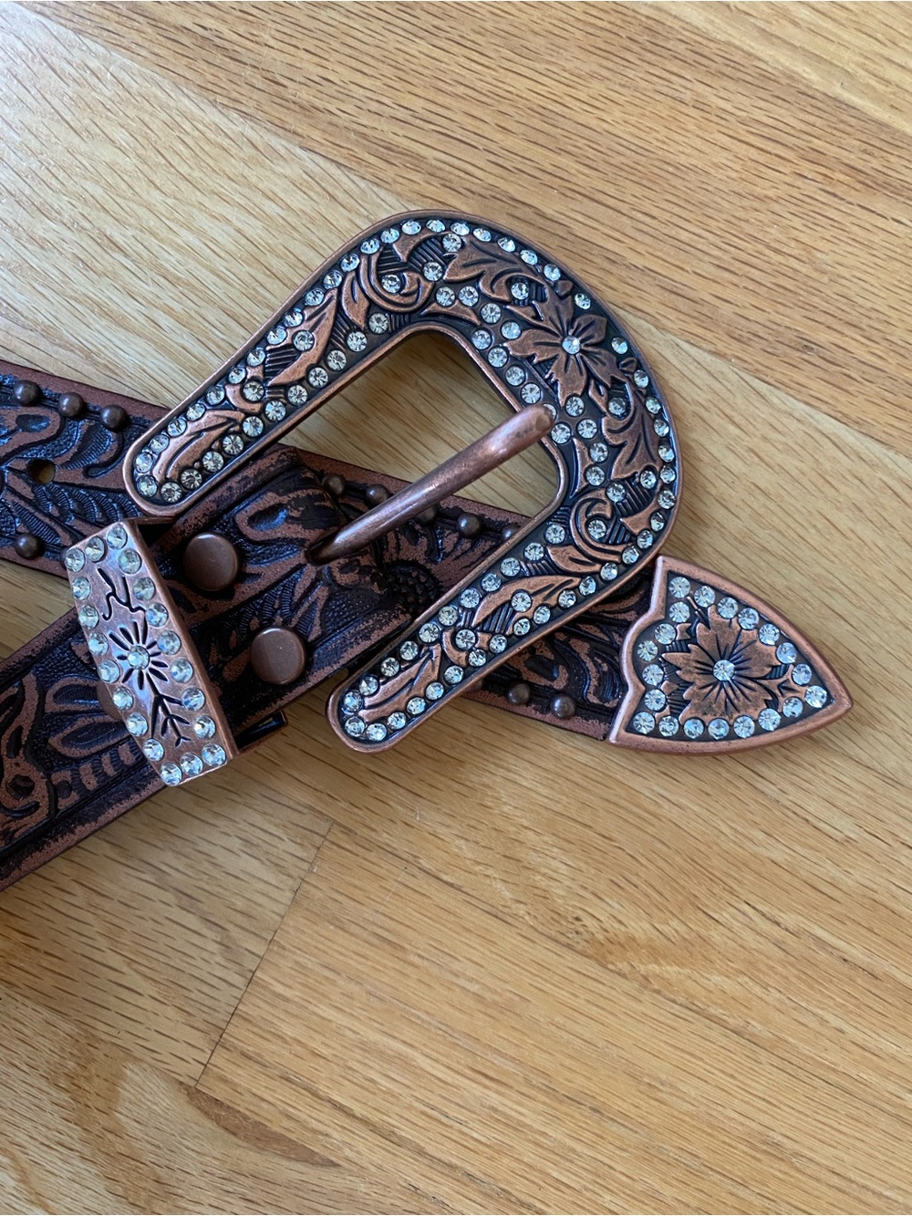 Copper-Tone Tooled Western Belt with Rhinestone Buckle - Women - Picture 2 of 6